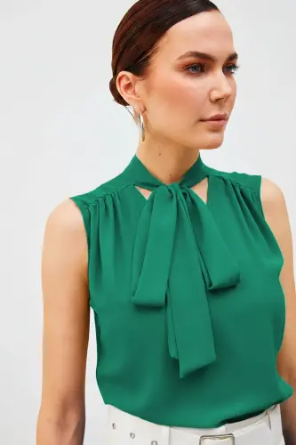 Fularlı Kolsuz Bluz - Yeşil-Yeşil - 4