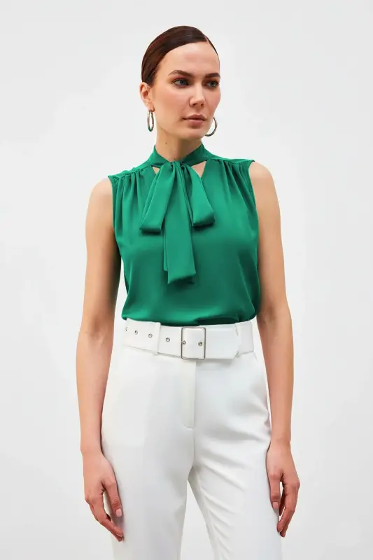 Fularlı Kolsuz Bluz - Yeşil-Yeşil - 2