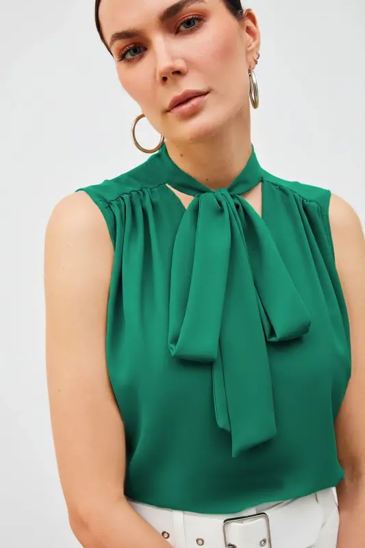 Fularlı Kolsuz Bluz - Yeşil-Yeşil - 3