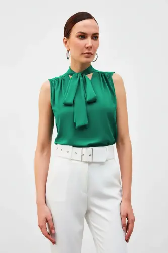 Fularlı Kolsuz Bluz - Yeşil-Yeşil - SATEEN (1)