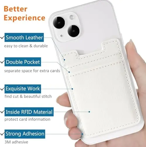 Fulgamo 2 dona Telefon hamyoni, Teri Telefon Karta tutuvchi yopishqoq Telefon qopqog'ining orqa cho'ntagiga yopishtirilgan Kredit karta cho'ntagiga iPhone va Android uchun - Oq, Kulrang - 1