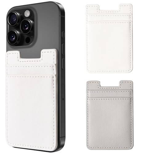 Fulgamo 2Pack Phone Wallet, Leather Phone Card Holder Adhesive Stick On Credit Card Pocket for Back of Phone Case iPhone and Android-White,Grey - 1