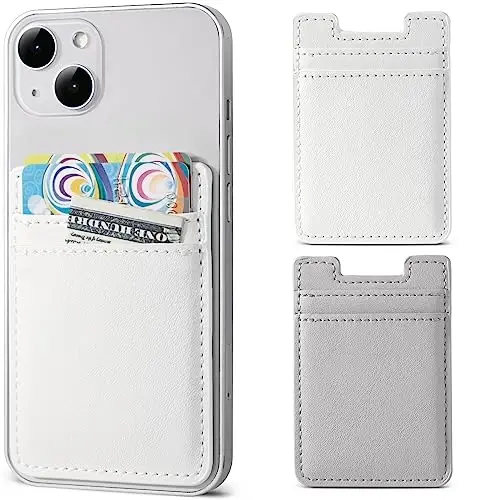 Fulgamo 2Pack Phone Wallet, Leather Phone Card Holder Adhesive Stick On Credit Card Pocket for Back of Phone Case iPhone and Android-White,Grey - 1