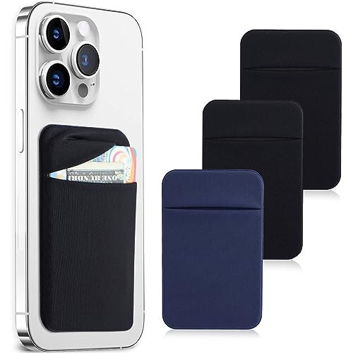 Fulgamo 3Pack Cell Phone Card Holder Pocket for Back of Phone, Stretchy Stick on Wallet Credit Card ID Case Pouch Sleeve Self Adhesive Sticker with Flap for iPhone Samsung Galaxy-2Black+1Navy Blue - 1