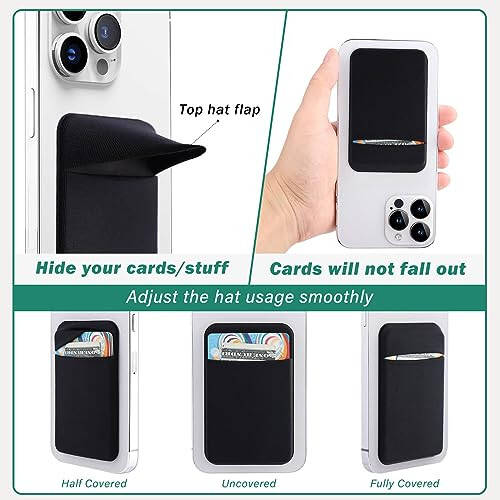 Fulgamo 3Pack Cell Phone Card Holder Pocket for Back of Phone, Stretchy Stick on Wallet Credit Card ID Case Pouch Sleeve Self Adhesive Sticker with Flap for iPhone Samsung Galaxy-2Black+1Navy Blue - 4