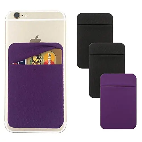 Fulgamo 3Pack Cell Phone Card Holder Pocket for Back of Phone,Stretchy Stick on Wallet Credit Card ID Case Pouch Sleeve Self Adhesive Sticker with Flap for iPhone Samsung Galaxy-2Black+1Purple - 1