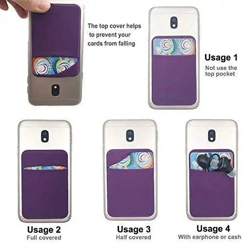 Fulgamo 3Pack Cell Phone Card Holder Pocket for Back of Phone,Stretchy Stick on Wallet Credit Card ID Case Pouch Sleeve Self Adhesive Sticker with Flap for iPhone Samsung Galaxy-2Black+1Purple - 4