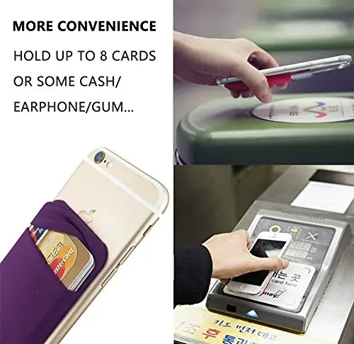 Fulgamo 3Pack Cell Phone Card Holder Pocket for Back of Phone,Stretchy Stick on Wallet Credit Card ID Case Pouch Sleeve Self Adhesive Sticker with Flap for iPhone Samsung Galaxy-2Black+1Purple - 5