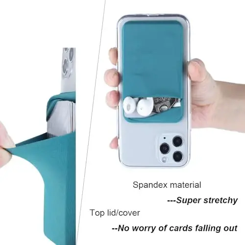 Fulgamo 3Pack Cell Phone Card Holder Pocket for Back of Phone,Stretchy Stick on Wallet Credit Card ID Case Pouch Sleeve Self Adhesive Sticker with Flap for iPhone Samsung Galaxy-2Black+1Teal Green - 4
