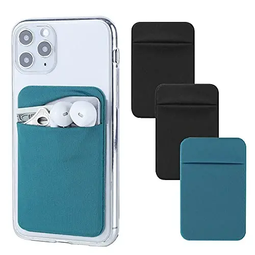 Fulgamo 3Pack mobil telefon karti ushlagichi, telefon orqa tarafidagi cho'ntak, cho'ziluvchan yopishtiriladigan hamyon kredit karta ID g'ilofi, iPhone Samsung Galaxy uchun o'z-o'zidan yopishtiruvchi stiker - 2 ta qora + 1 ta ko'k yashil - FULGAMO