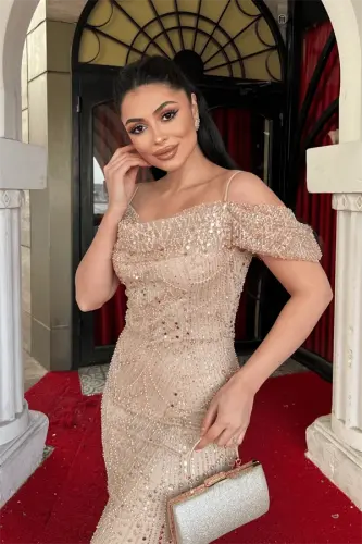 Full Beaded Fabric Boat Neck Fishtail Evening Dress - GOLD - 3