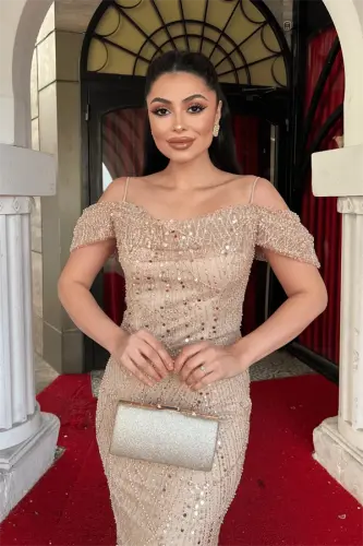 Full Beaded Fabric Boat Neck Fishtail Evening Dress - GOLD - 4