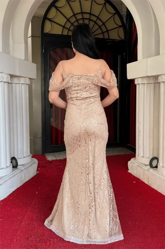 Full Beaded Fabric Boat Neck Fishtail Evening Dress - GOLD - 5