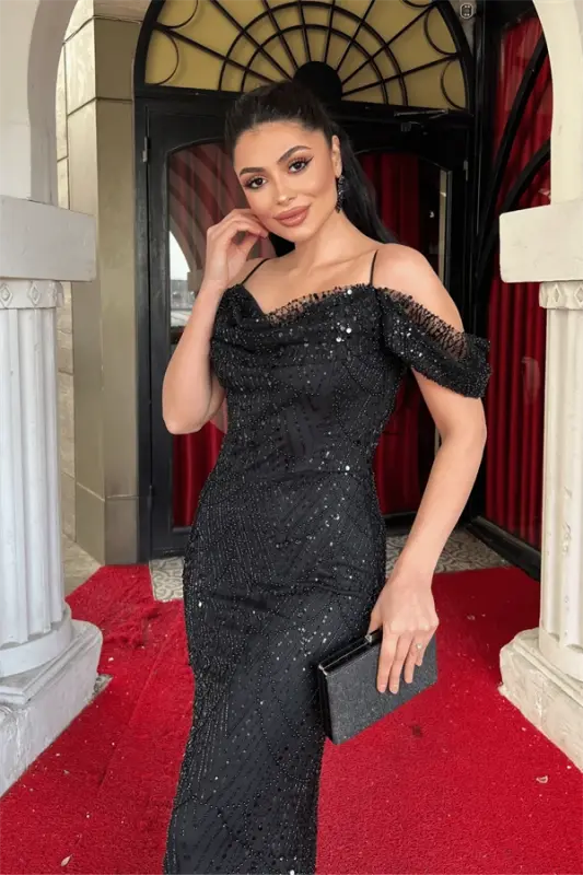 Full Beaded Fabric Boat Neck Mermaid Evening Dress - BLACK - 3