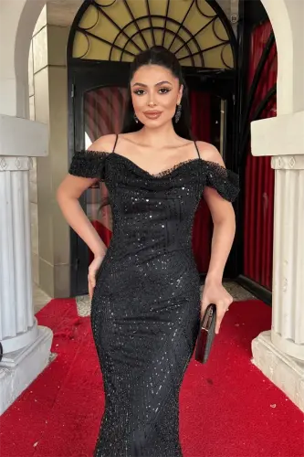 Full Beaded Fabric Boat Neck Mermaid Evening Dress - BLACK - 4