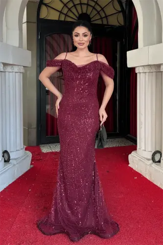 Full Beaded Fabric Boat Neck Mermaid Evening Dress - BURGUNDY - 1