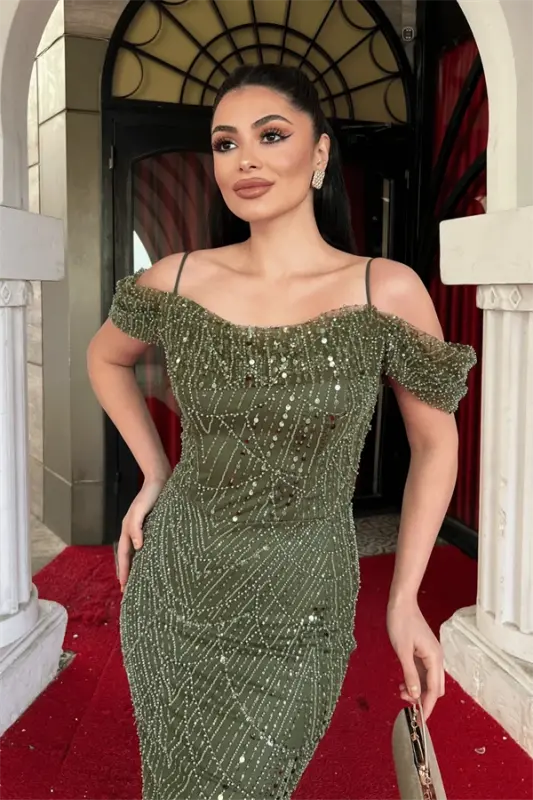Full Beaded Fabric Boat Neck Mermaid Evening Dress - KHAKI GREEN - 3
