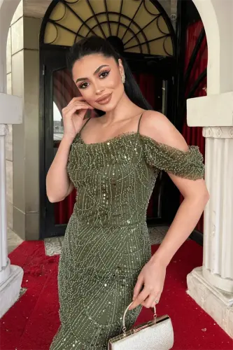 Full Beaded Fabric Boat Neck Mermaid Evening Dress - KHAKI GREEN - 4