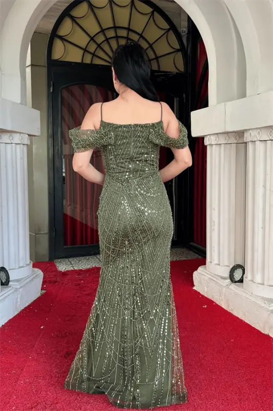 Full Beaded Fabric Boat Neck Mermaid Evening Dress - KHAKI GREEN - 5