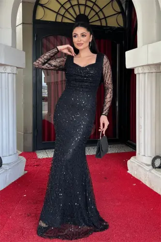Full Beaded Fabric Cowl Neck Fishtail Dress - BLACK - BÜYÜKBEDENIZ (1)