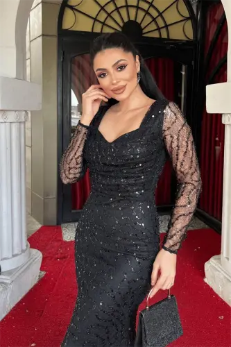 Full Beaded Fabric Cowl Neck Fishtail Dress - BLACK - 4
