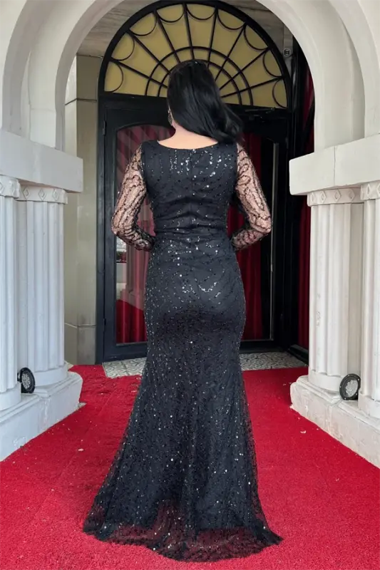 Full Beaded Fabric Cowl Neck Fishtail Dress - BLACK - 5