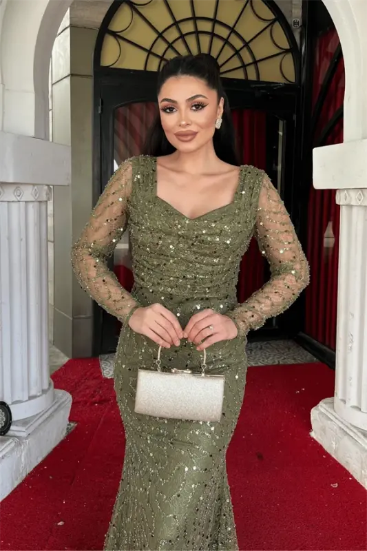 Full Beaded Fabric Cowl Neck Fishtail Dress - KHAKI GREEN - 4