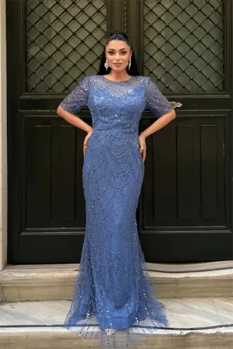 Full Beaded Fabric Design Dress - INDIGO BLUE - 1