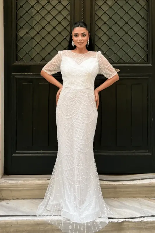 Full Beaded Fabric Design Dress - WHITE - BÜYÜKBEDENIZ