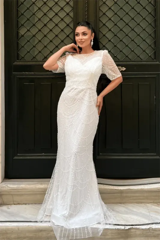Full Beaded Fabric Design Dress - WHITE - 2