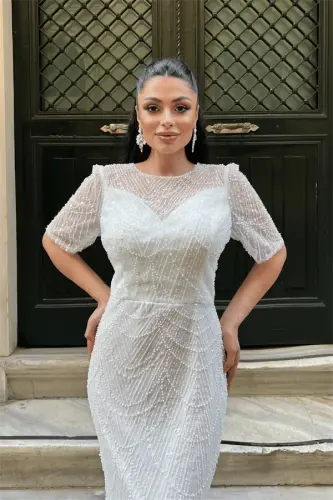 Full Beaded Fabric Design Dress - WHITE - 3