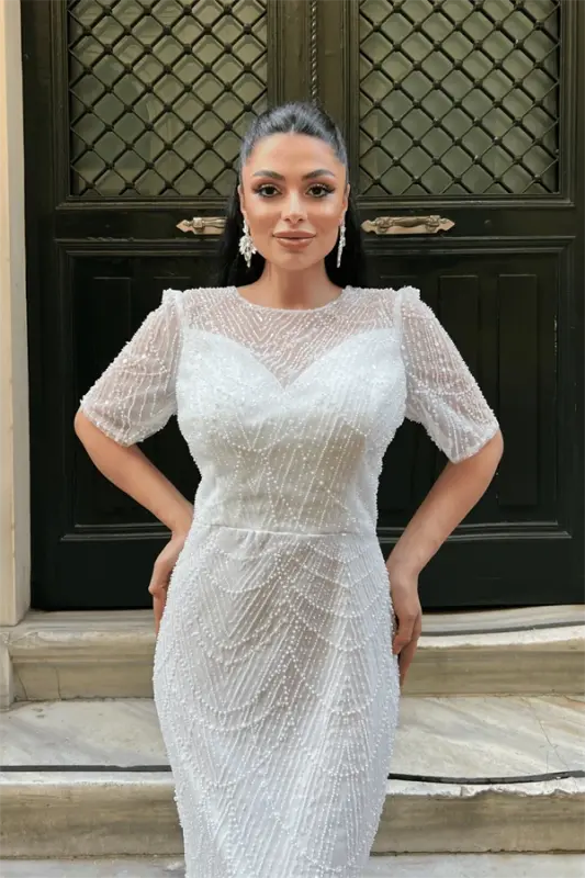 Full Beaded Fabric Design Dress - WHITE - 3