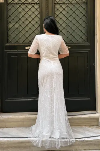Full Beaded Fabric Design Dress - WHITE - 5