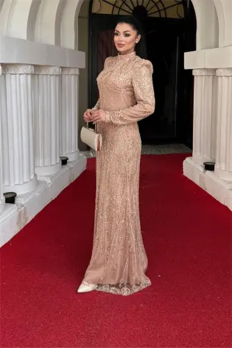 Full Beaded Fabric Design Evening Dress - BRONZE - BÜYÜKBEDENIZ (1)