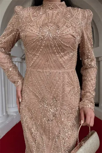 Full Beaded Fabric Design Evening Dress - BRONZE - 4