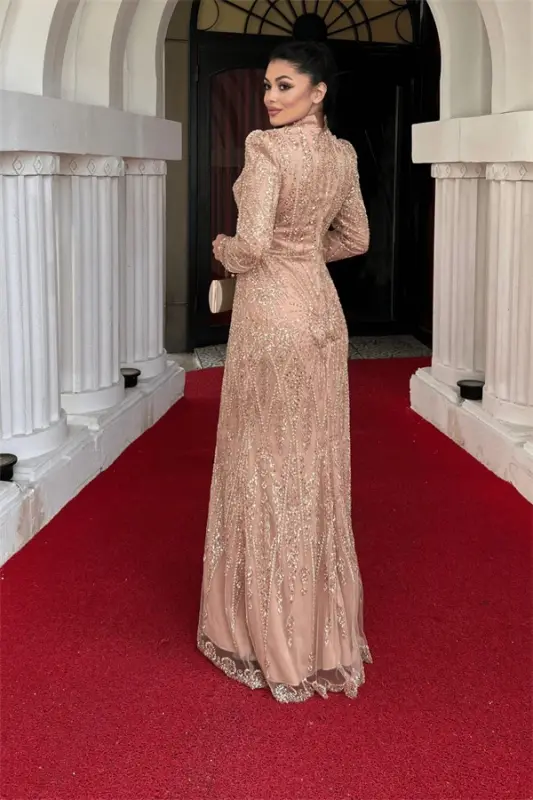 Full Beaded Fabric Design Evening Dress - BRONZE - 5