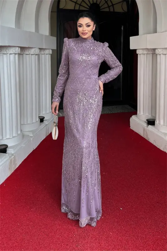 Full Beaded Fabric Design Evening Dress - LILAC - 1