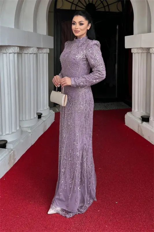 Full Beaded Fabric Design Evening Dress - LILAC - 2