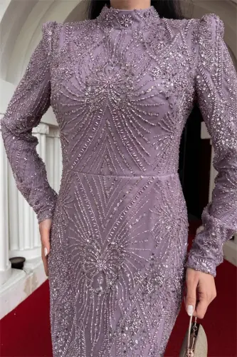 Full Beaded Fabric Design Evening Dress - LILAC - 4