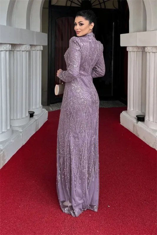 Full Beaded Fabric Design Evening Dress - LILAC - 5