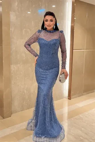 Full Beaded Fabric Fish Evening Dress - INDIGO BLUE - 1