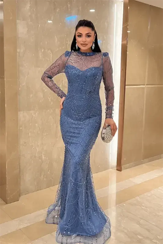 Full Beaded Fabric Fish Evening Dress - INDIGO BLUE - BÜYÜKBEDENIZ