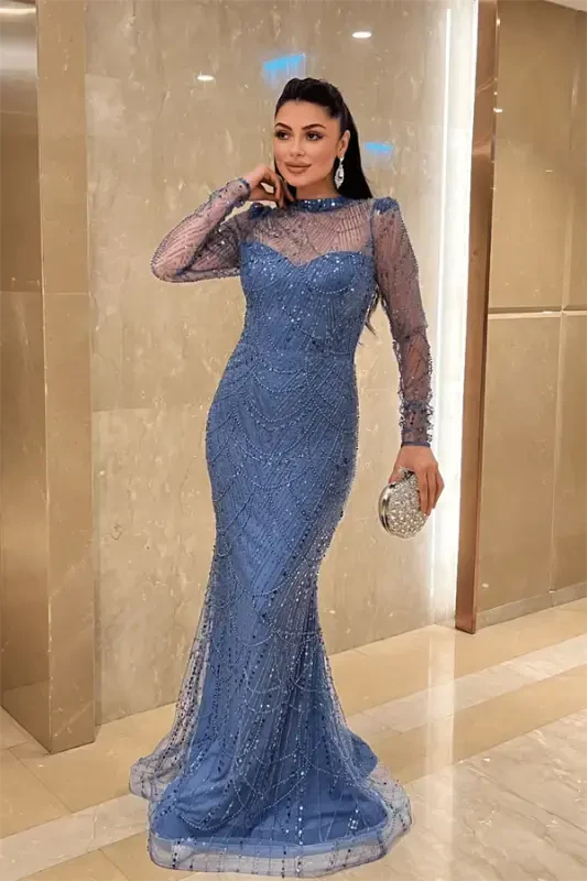 Full Beaded Fabric Fish Evening Dress - INDIGO BLUE - 2