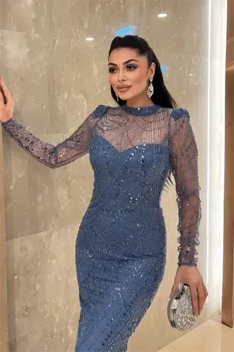 Full Beaded Fabric Fish Evening Dress - INDIGO BLUE - 3