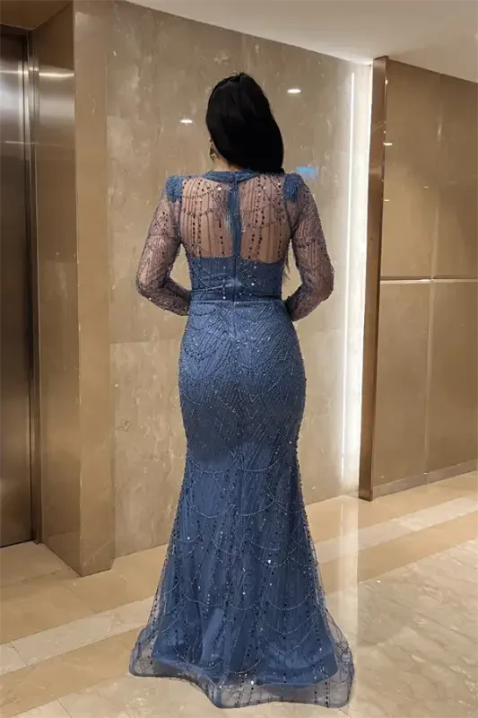 Full Beaded Fabric Fish Evening Dress - INDIGO BLUE - 5