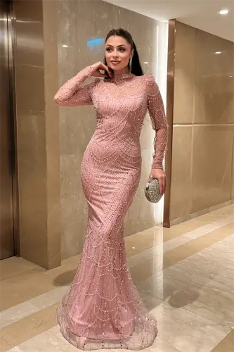 Full Beaded Fabric Fish Evening Dress - POWDER - 1