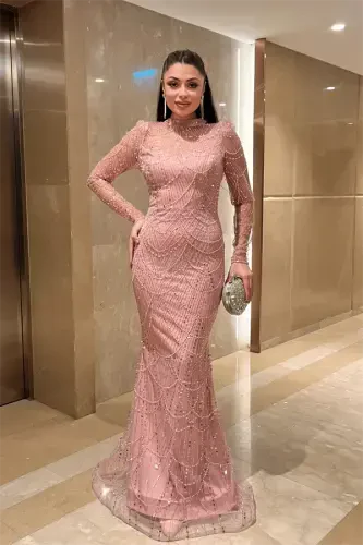 Full Beaded Fabric Fish Evening Dress - POWDER - BÜYÜKBEDENIZ (1)