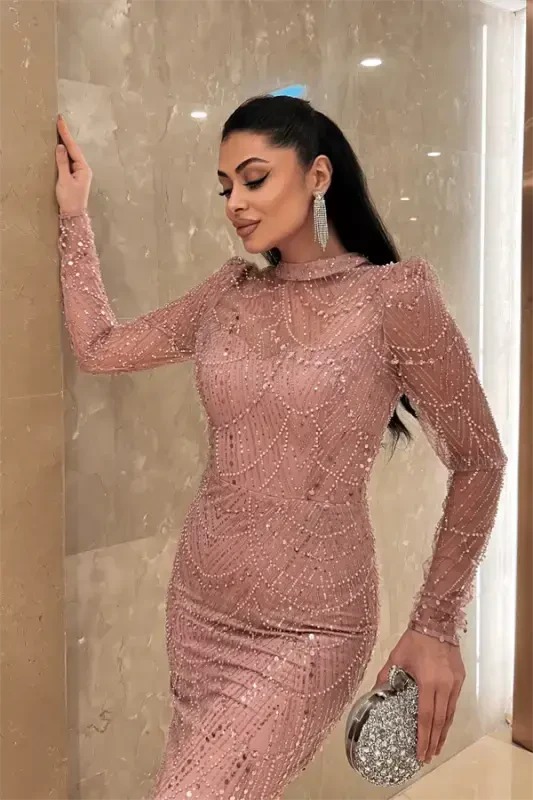 Full Beaded Fabric Fish Evening Dress - POWDER - 4