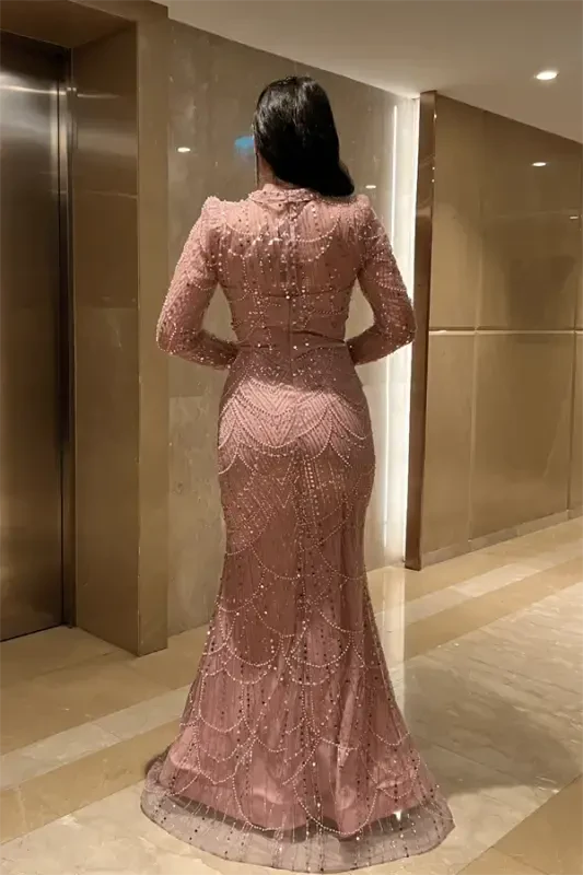 Full Beaded Fabric Fish Evening Dress - POWDER - 5