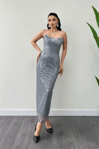 Full Beaded Fabric Strapless Evening Dress - GRAY - BÜYÜKBEDENIZ (1)